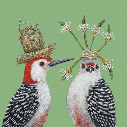 First Date - Woodpecker Birds with Foliage Hats Beverage Napkins with Artwork by Vicki Sawyer