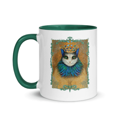 Cat King Royalty Wearing Peacock Feather Collar Mug with Green Color Inside