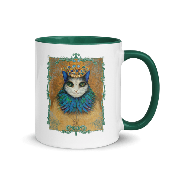 Cat King Royalty Wearing Peacock Feather Collar Mug with Green Color Inside