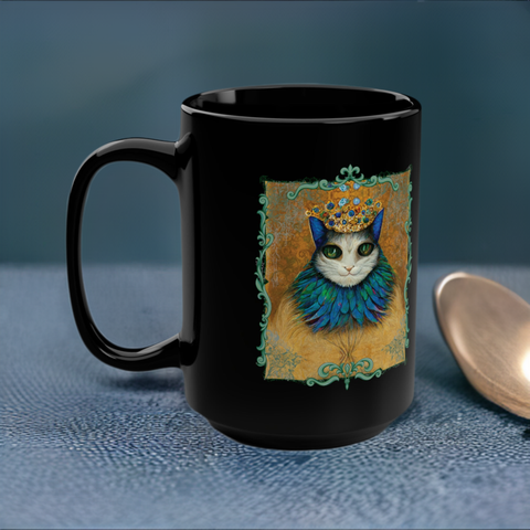 Cat King Royalty Wearing Peacock Feather Collar Black Mug, 15oz