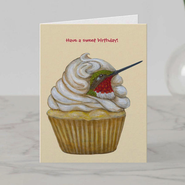 Have a Sweet Birthday Hummingbird Greeting Card, Birds with Hats, by Vicki Sawyer