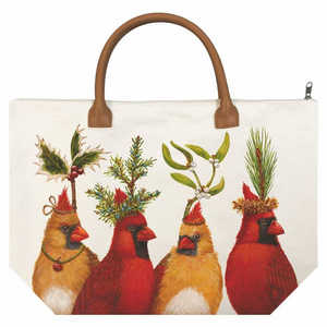 "Holiday Party" Large Canvas Tote Bag with Cardinal Bird Artwork by Vicki Sawyer