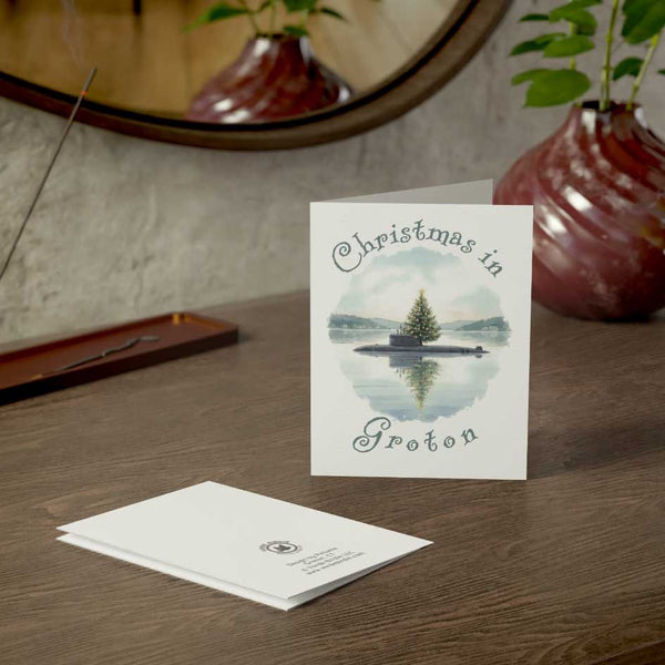 Christmas in Groton Greeting Card – Submarine with Xmas Tree Holiday Card (1/10/30/50 pcs) 4.25" x 5.5"