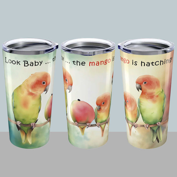 Lovebird Tumbler, Colorful Parrot Parents and Baby Watching Mango Hatching on a Branch Travel Mug 20oz - Perfect for Bird Lovers