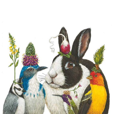 Simply Radishing - Birds and Rabbit Wearing Hats LUNCH or DINNER Napkins with Artwork by Vicki Sawyer
