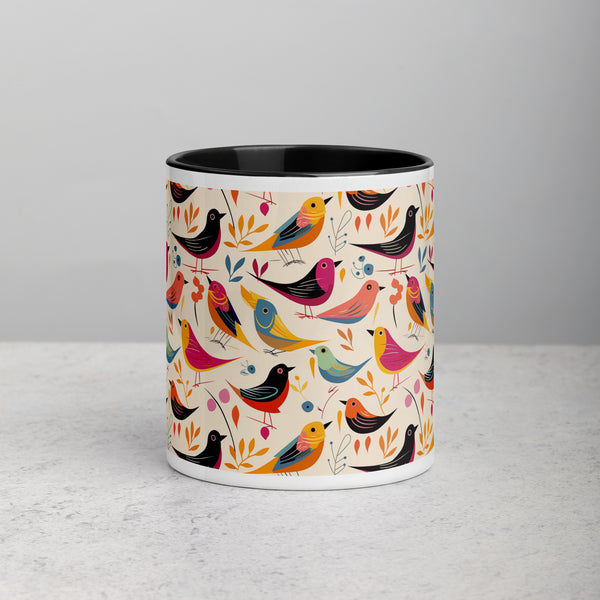 Colorful Bird Folk Art Mug With Black Accent Inside and on Handle (11 oz or 15 oz)