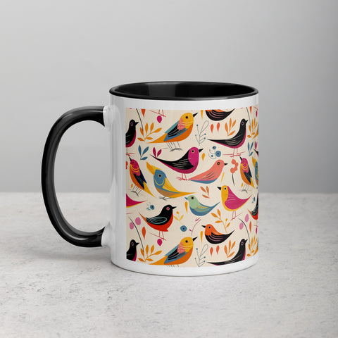 Colorful Bird Folk Art Mug With Black Accent Inside and on Handle (11 oz or 15 oz)