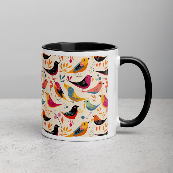 Colorful Bird Folk Art Mug With Black Accent Inside and on Handle (11 oz or 15 oz)