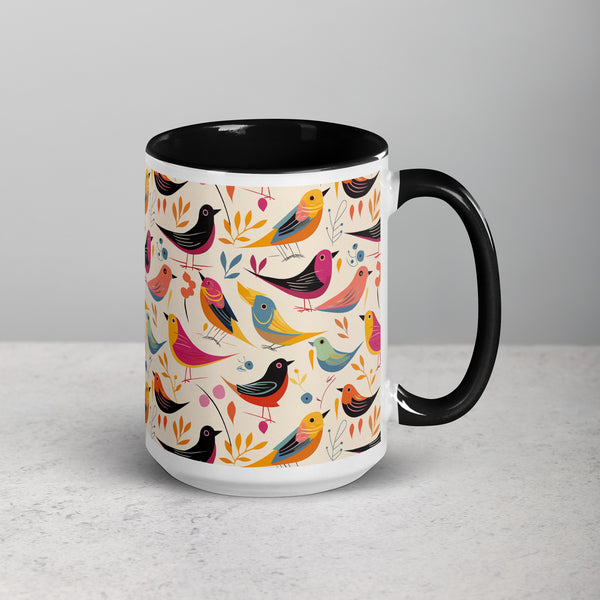 Colorful Bird Folk Art Mug With Black Accent Inside and on Handle (11 oz or 15 oz)