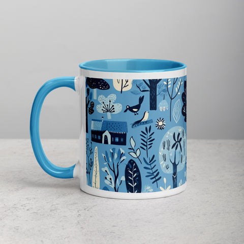 Blue Folk Art Mug with Color Inside and Handle (11 oz or 15 oz)