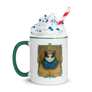 Cat King Royalty Wearing Peacock Feather Collar Mug with Green Color Inside