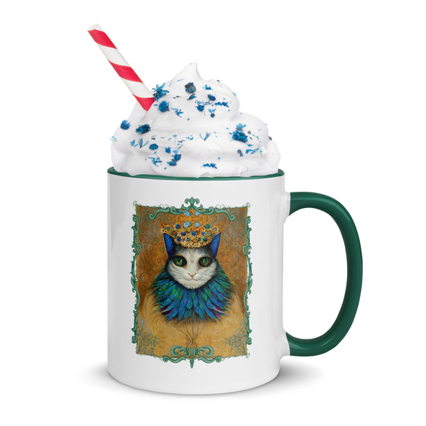 Cat King Royalty Wearing Peacock Feather Collar Mug with Green Color Inside