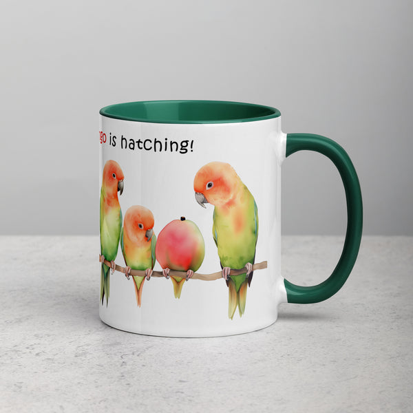 Lovebird Parents and Baby Watching Mango Hatching on a Branch -  Mug 11oz