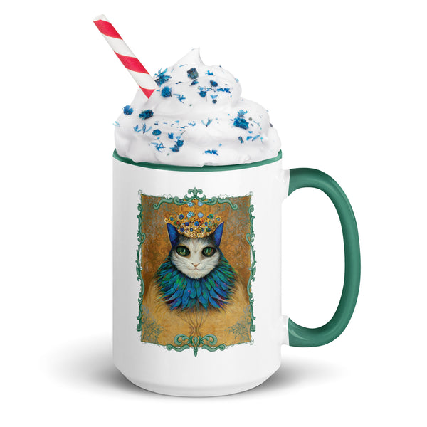 Cat King Royalty Wearing Peacock Feather Collar Mug with Green Color Inside