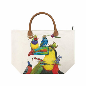"World Travelers" Large Canvas Tote Bag with Toucan and Birds Artwork by Vicki Sawyer