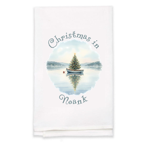 Christmas in Noank Flour Sack Kitchen Towel, Floating Xmas Tree in Boat