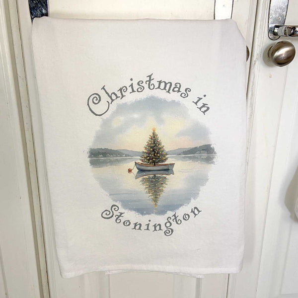 Christmas in Stonington Flour Sack Kitchen Towel, Floating Xmas Tree in Boat