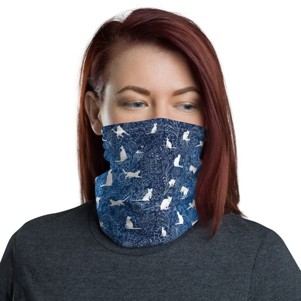 Blue Cats and Floral Doodle Stylish and Functional Neck Gaiter - One Size