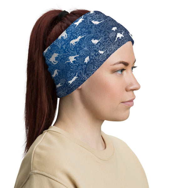 Blue Cats and Floral Doodle Stylish and Functional Neck Gaiter - One Size