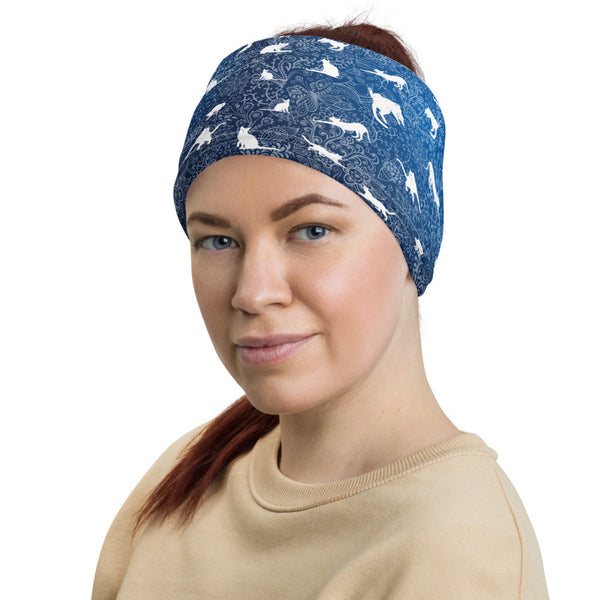 Blue Cats and Floral Doodle Stylish and Functional Neck Gaiter - One Size