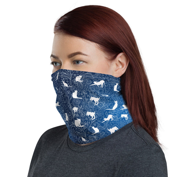 Blue Cats and Floral Doodle Stylish and Functional Neck Gaiter - One Size
