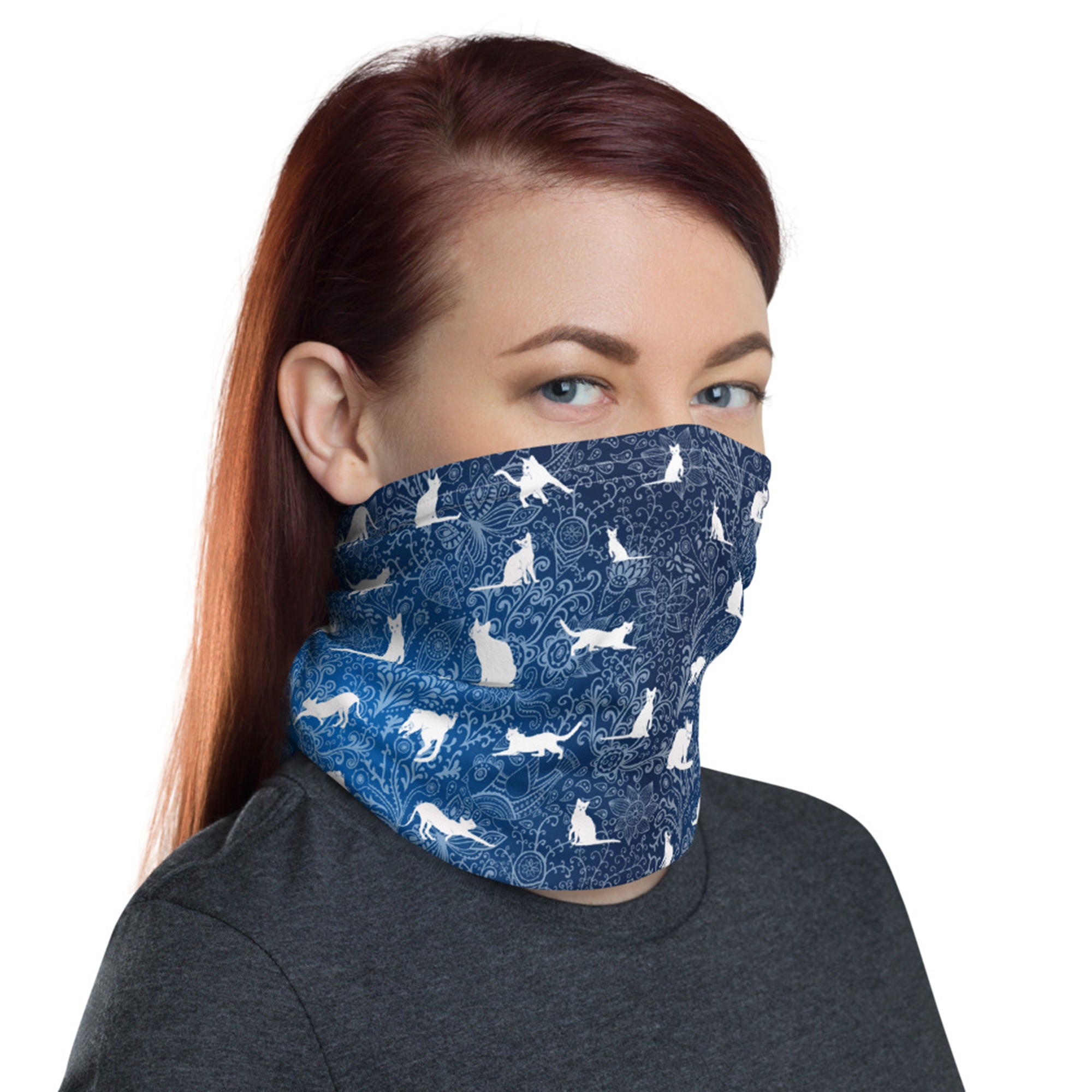 Blue Cats and Floral Doodle Stylish and Functional Neck Gaiter - One Size