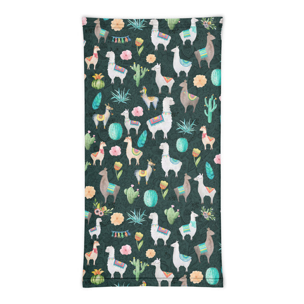 Llama Cactus and Flowers Dark Teal Stylish Doodle Neck Gaiter - One Size