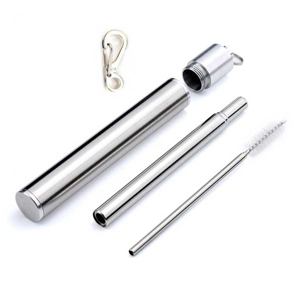 Telescoping, Collapsible and Retractable Stainless Steel Straw, Cleaning Brush, Carry Case and Clip